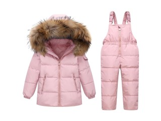 Kinder Schneeanzug Daunenjacke mit Kaputze + Schneelatzhose, Winter Bekleidungsset Mädchen Winterjacke und Skihose