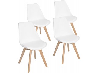 4er Set Esszimmerstühle mit Massivholz Buche Bein SGS Geprüfter, Retro Design Gepolsterter Stuhl Küchenstuhl Holz, Weiß